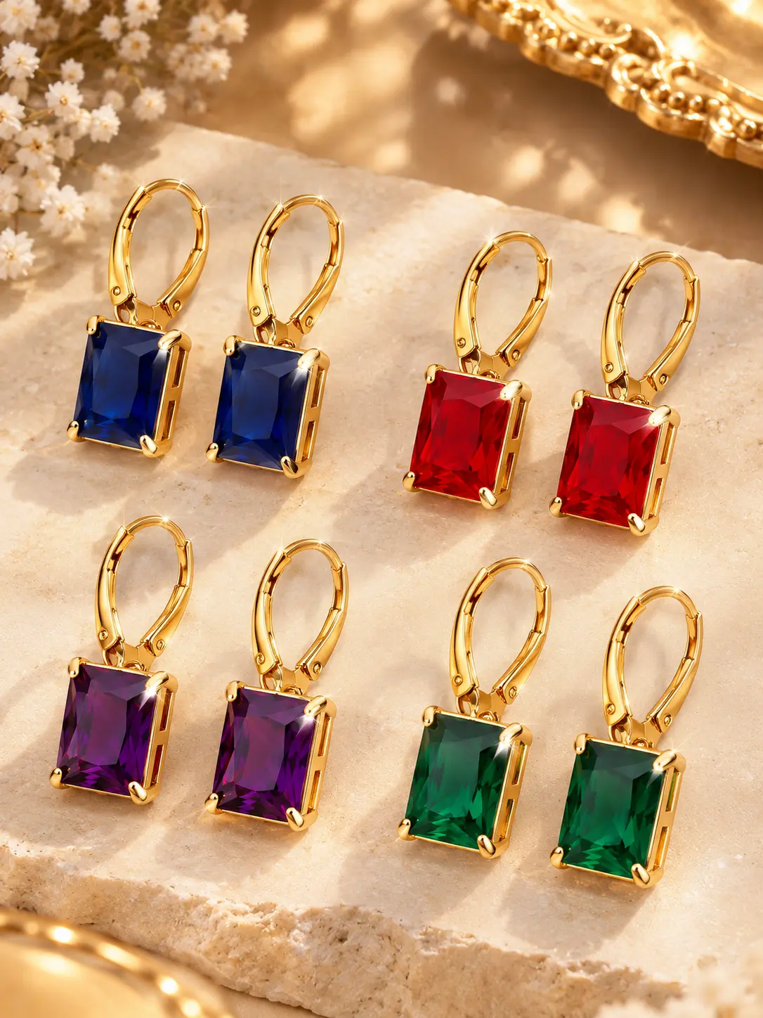 4 Pairs Luxury Leverback Drop Earrings Set, Large Rectangle Square Colored Stone Dangle Earrings for Women, Royal Blue / Amethyst Purple / Emerald Green / Ruby Red Earrings, Gold Tone Four-Prong Earrings for Women, Exquisite Woman Accessories for Women