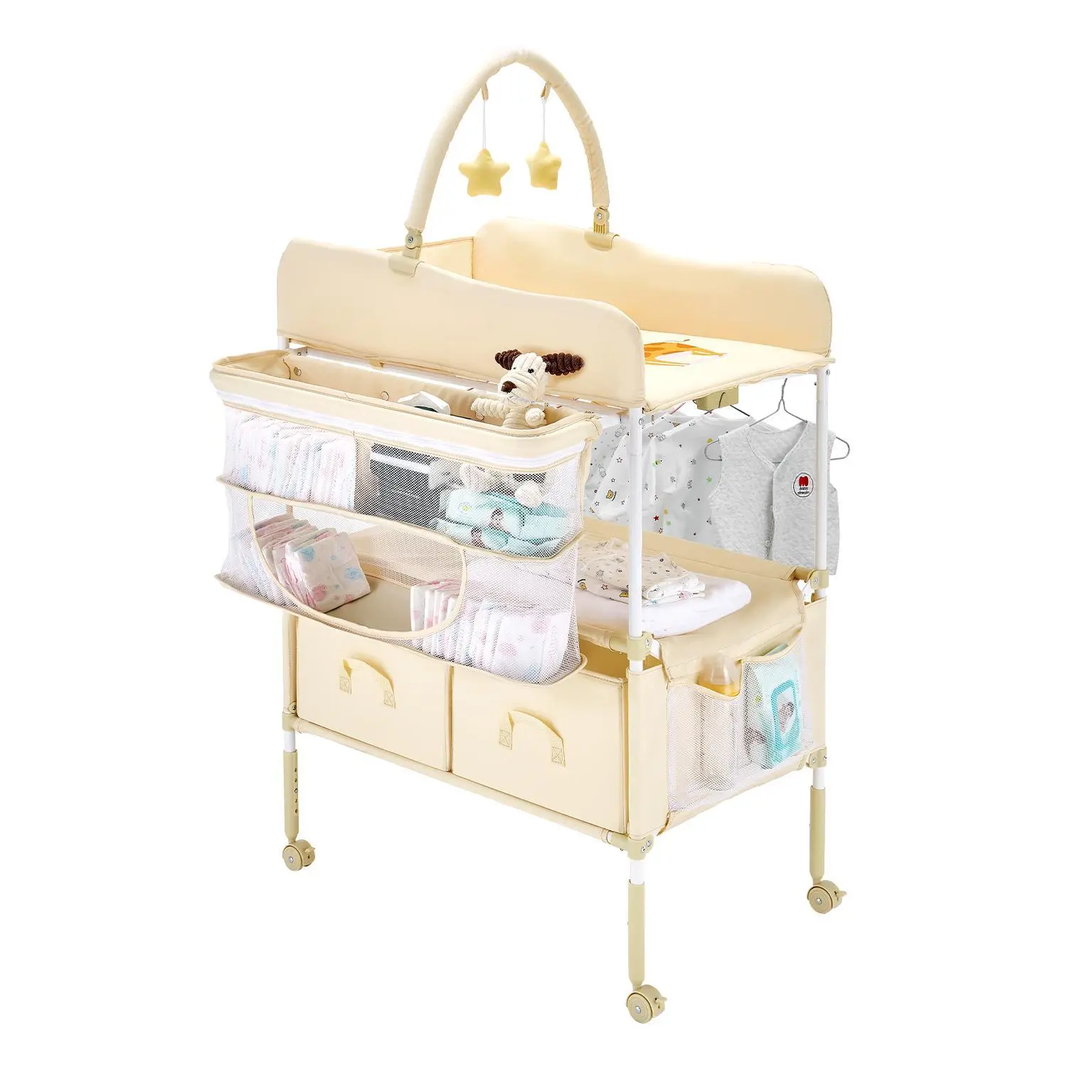 VEVOR Baby Changing Table, Foldable Diaper Change Station with 2 Fabric Drawers, Side Basket & Hanging Rod, Adjustable Height Portable Changing Table with Lockable Wheels & 2 Star Toys, Light Beige#BackToSchool