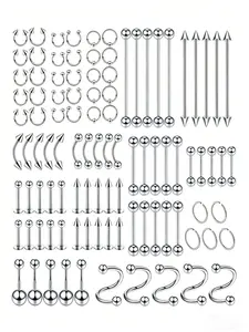 100 Pcs Stainless Steel Piercing Jewelry Set, Multiple Styles Nose Rings, Lip Rings, Eyebrow Rings, Industrial Bars, Belly Buttons, Unisex Accessories, Body Jewelry