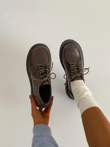 Women's Thick Sole Plain Leather Shoes, Fashion College Style Lace-Up Loafers, Comfortable Lightweight Women's Shoes, Pu Leather Loafers