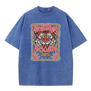 LeoMiles Unisex Acid Wash Vintage "The Heavens" Roaring Tiger Heavy Cotton Graphic Tee, Streetwear Crew Neck Top
