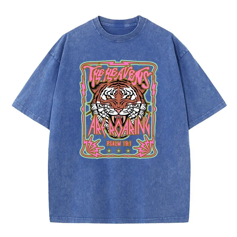 Women's Vintage Acid Washed Roaring Tiger Graphic T-Shirt - Soft Cotton Fabric, Crew Neck, Short Sleeve, H-Type, Loose-Fitting, Breathable New Year Streetwear Tops (Cold Wash Recommended)