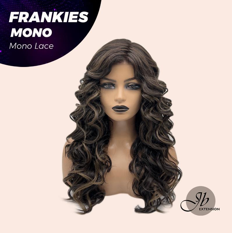 JBEXTENSION FRANKIES MONO Monofilament Handmade Wig 6X5 Full Monofilament Hand Tied Top Wig 19 Inches Dark Brown Highlight Curly Mono Lace Handmade Futura Fiber Glueless BS Wig FRANKIES MONO【BENDY EAR TABS】