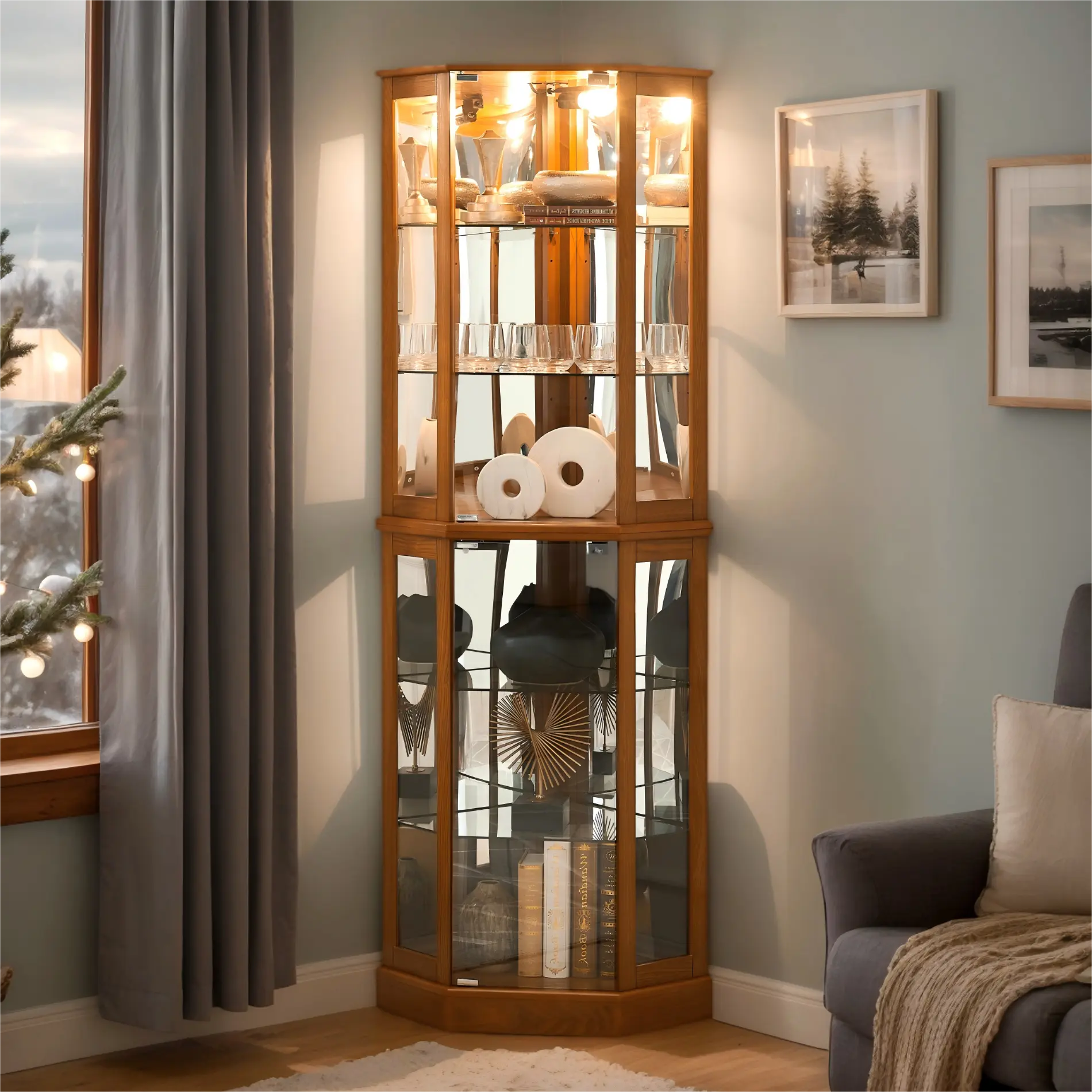 Eyisean Sturdy Oak Wood Corner Curio Cabinet, 70" Tall Lighted Tempered Glass Door Display Unit with Adjustable Shelves, Durable Wine Bar China Cabinet for Living Room Liquor Storage (Assembly Required, E26 Bulb Not Included)