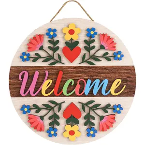 3D Spring Welcome Sign for Front Door, 11.8" Wooden Spring Floral Door Hanger, Outdoor Indoor Flower Wreath Wall Hanging House Decor, Red Green March Seasonal Front Porch Home Decorations