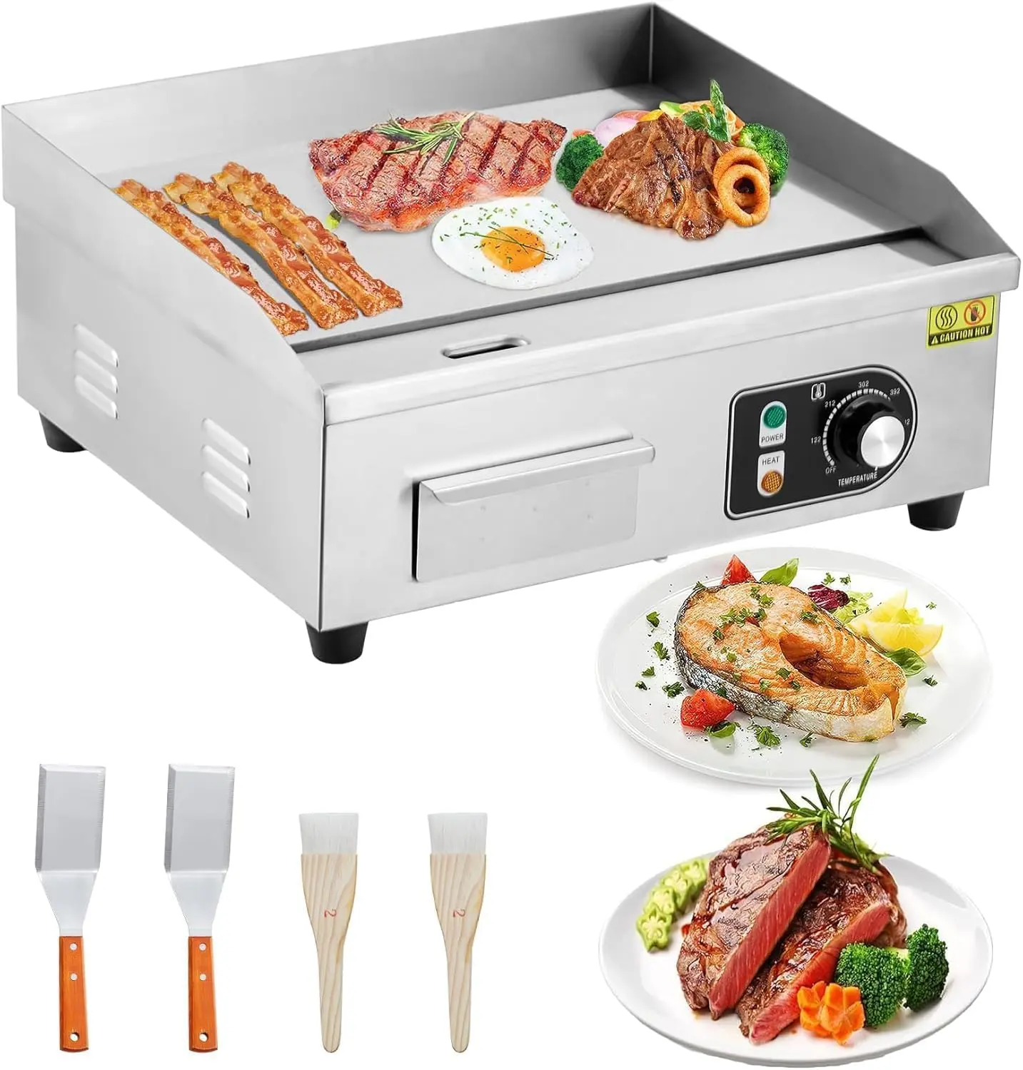 18 Inch 1600W Commercial Electric Griddle – Stainless Steel Flat Top Grill with 122-572°F Adjustable Temp, 2 Shovels & 2 Brushes, Countertop BBQ Teppanyaki Grill for Home & Restaurants