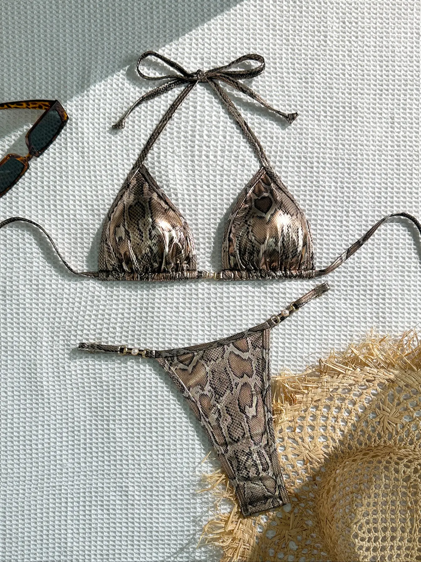 Women's Bikini Set Snake Print, Sexy Thong Swimsuit, Adjustable Swimwear, Halter Top, Beachwear, Pool Party Photo Shoot, Triangle Bikini Top, Adjustable Strap Bikini, Bikini Outfits, Swimsuits Summer