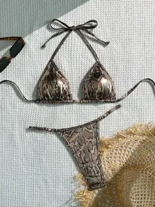 Women's Bikini Set Snake Print, Sexy Thong Swimsuit, Adjustable Swimwear, Halter Top, Beachwear, Pool Party Photo Shoot, Triangle Bikini Top, Adjustable Strap Bikini