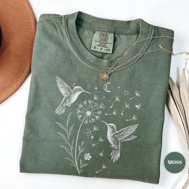 Comfort Colors Dandelion Hummingbird T-Shirt, Nature Lover Gift, Womens Clothing, Gardening Tee, Flower Shirt, Cute Wildflowers Aesthetic