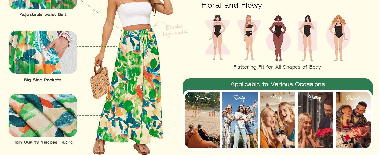 Bsubseach Wide Leg Pants Woman Flowy Floral Palazzo Pants for Women High Waisted Summer Casual Trousers Cruise Outfits