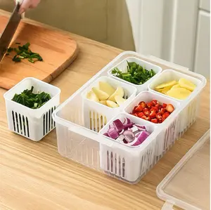 Fridge Food Storage Containers with Lids Airtight Refrigerator Food Fresh Box with 6 Pcs Detachable Drain Basket Vegetables Sealed Keeper for Ginger Garlic Onion
