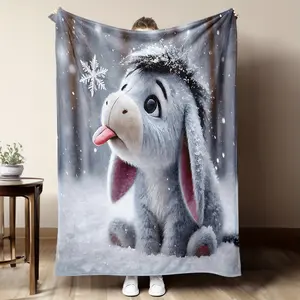 Cozy Flannel Blanket Featuring Snowy Donkey Pattern Perfect for Winter Holiday Use and Giftgiving