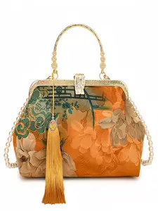 New Traditional Chinese Style Silk Handbag, Elegant Vintage Qipao Bag, Unique Clutch with Pearl Strap, Fashionable Crossbody Purse, Stylish Handbag