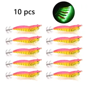 10 Glow-In-The-Dark Fishing Lures, Wooden Shrimp Bait Clips, Realistic Squid Hooks, Dual-Layered Squid Baits with Shrimp Feet
