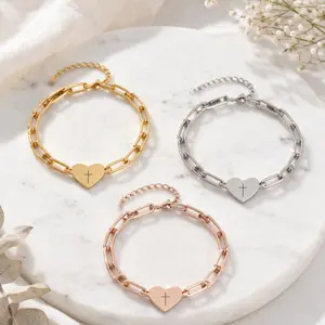 Engraved Cross on Heart Paperclip Bracelet | Trendy Religious Jewelry | Faith Based Bracelets