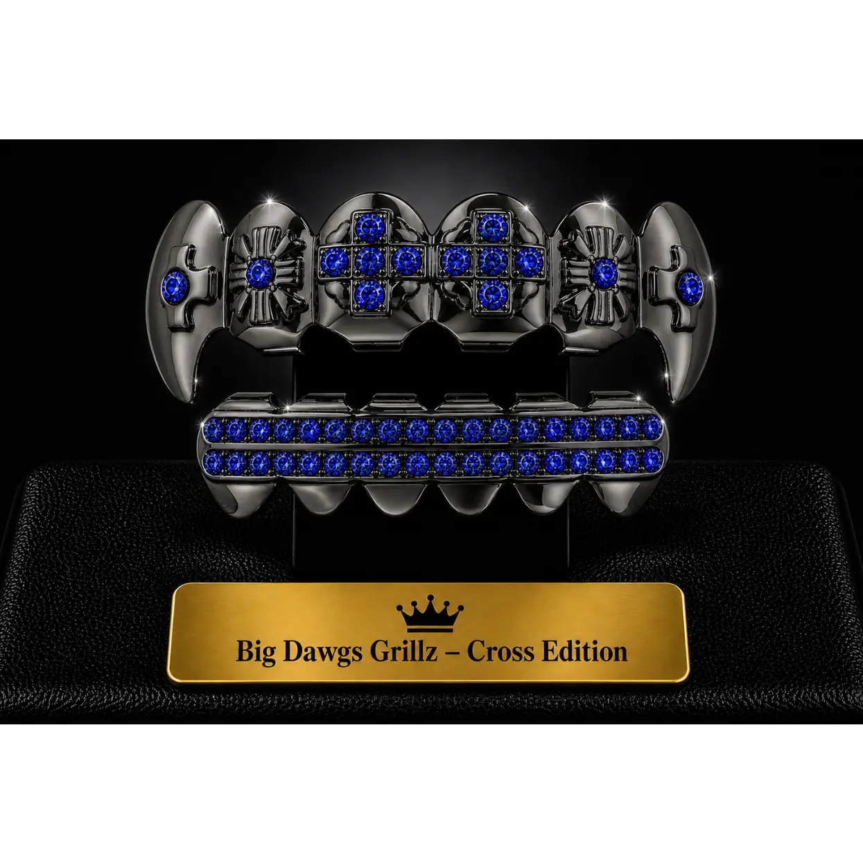 Rhodium Plated Upper & Lower Grillz Set Black Fangs w/ Blue CZ Stones