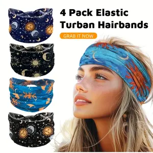 A set of 4 sports headbands with a sun pattern design and knot buckle design that can be secured on the head. They are ideal Valentine's Day gifts. These loose and soft Bohemian style headbands are elastic and suitable for yoga, running, and daily wear