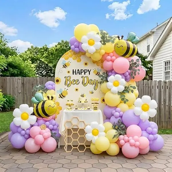 Bee Balloon Garland Kit 121 Pcs Pink Purple Yellow Latex Balloons with Bee Daisy Foil for Baby Shower Birthday Party