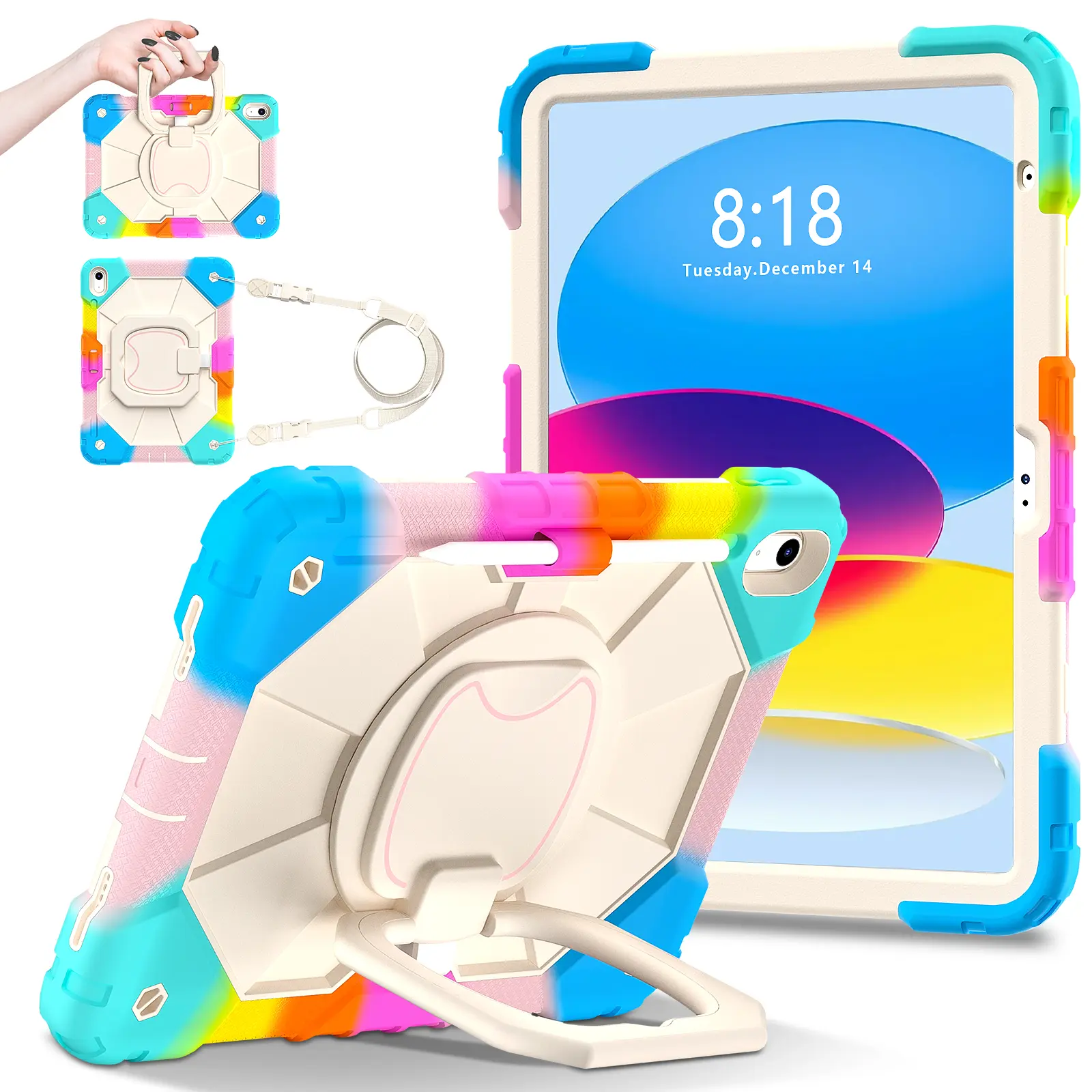 【Free Delivery】 Heavy Duty Tablet Case for iPad 2018 2020 2021 2022 Air4/Air5 AirM2/M3  7/8/9/10/11th(A16) 10.2inch/10.9inch/11inch 360 Degree Rotating Stand Shoulder Strap Pencil Holder Back to School Protector,Black,Rosered,Pink, Rainbow color