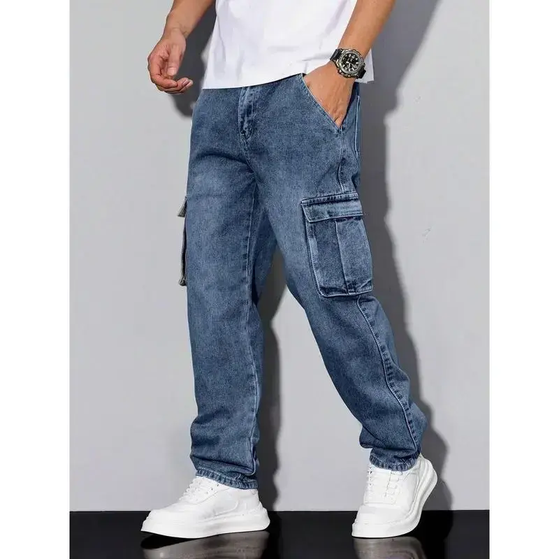 Men's Plain Denim Cargo Pants, Loose Fit Wide Leg Streetwear Menswear with Multiple Pockets for Daily Wear, Trouser, Mid Waist, Full Length, Blue, Machine Wash, Jeans, Baggy Wide Leg, Casual, Loose Jeans Trousers, Pocket Design Jeans