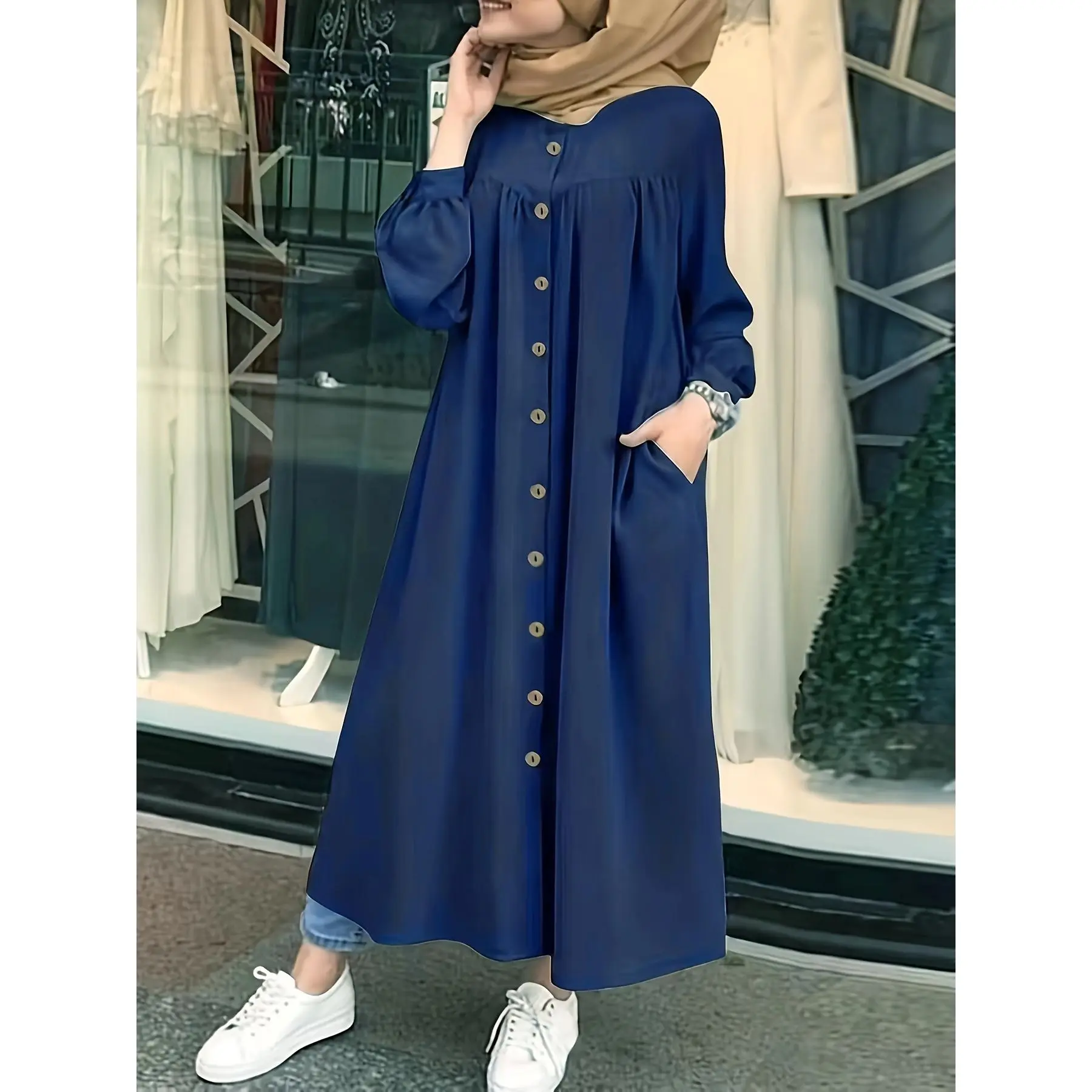 Ramadan Solid Button Front Burqas, Elegant Long Sleeve Outwear, Women's Clothing