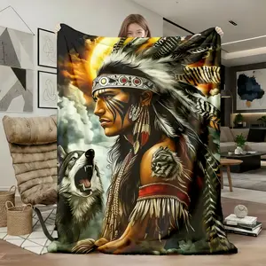 1pc Native American Wolf Spirit Flannel Fleece Throw Blanket, Flannel Dad Blanket, Super Soft Warm Plush Bedding for Couch Sofa Bed, Lightweight Cozy Gift for Adults