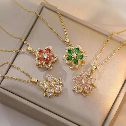 Elegant Rotatable Flower Pendant Necklace,Brass with Synthetic Zirconia, Exquisite Necklace, Creative Flower Pendant Jewelry Gift for Women, Lover, Friends, Family