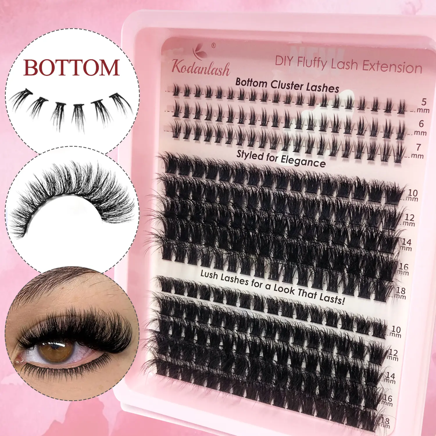 Cosmetic Asian Doll Lash Clusters Kit - 100D+120D 3D Thick 10-18mm Faux Mink Individual Pieces, 5mm/6mm/7mm Bottom Pieces, U02-60D+80D Multi-Layered Volume DIY Tray for Makeup & Eyelash Extensions