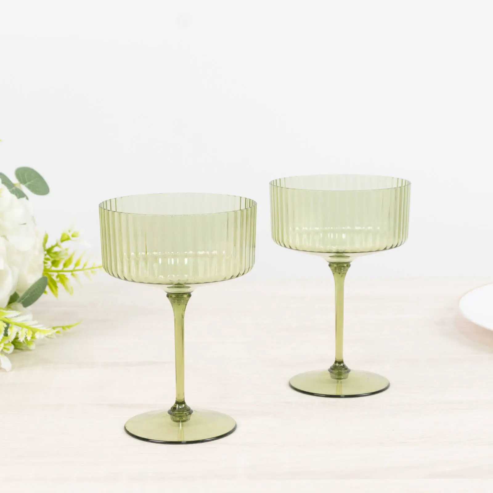 24-Pack Plastic Cocktail Glasses – 10oz Dusty Sage Green Ribbed Premium Disposable Coupe Champagne Cups with Detachable Stem & Base – Party & Event Drinkware
