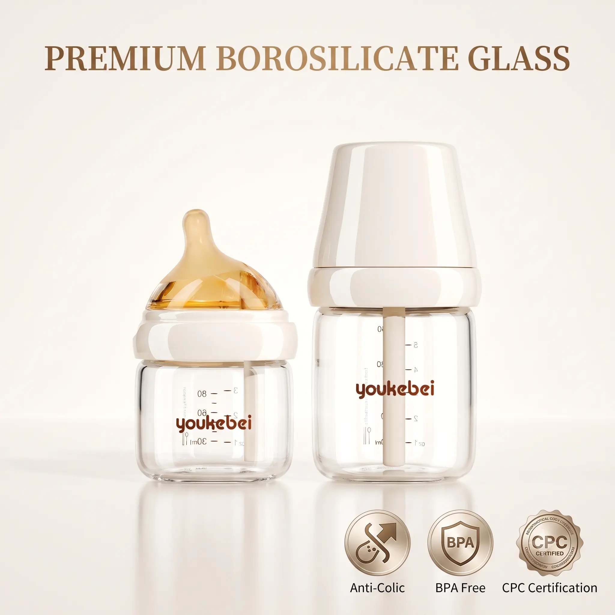 youkebei Anti-Colic Glass Baby Bottle with Natural Response Silicone Nipple for Newborn Feeding, BPA-Free with Lid, Bottles With Lids