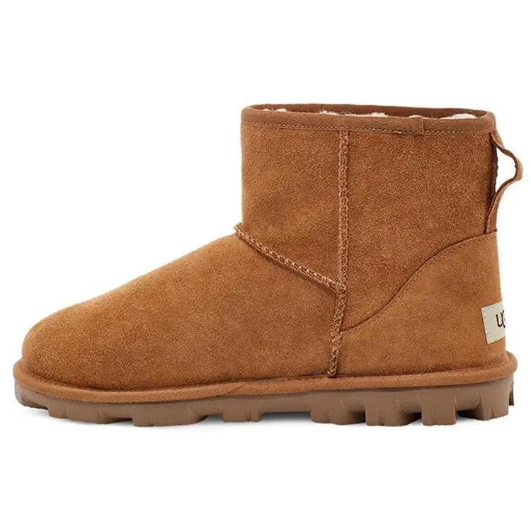 Women's UGG Essential Suede Fleece-Lined Mid-Calf Snow Shoe, Women's Footwear with Decorative UGG-Patterned Pull Tab and Suede Heel Support, Chestnut Brown