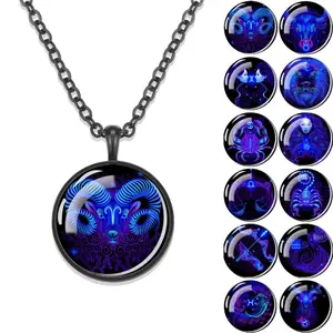 Stylish Unisex Zodiac Sign Necklace Luminous Blue Glass Pendant with Black Alloy Chain Funky Constellation Gothic Mystery Jewelry Modern Fashion Accessories 25mm Glass 51cm Chain