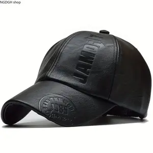 Black PU Leather Baseball Cap, Embossed Letter & 1985 Logo, Adjustable Strap, Durable & Water-Resistant, Perfect for Biker, Streetwear & Edgy Outfits
