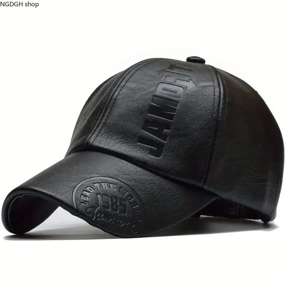 PU Leather Baseball Cap with Embossed 1985 Logo, Adjustable Streetwear Biker Style, Water-Resistant and Sport Ready