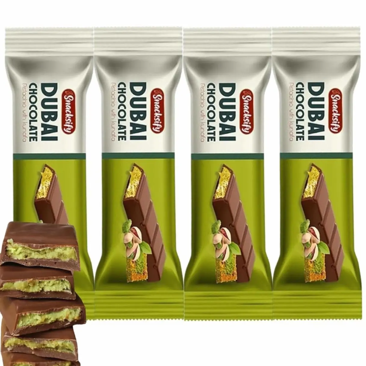 Mini Dubai Chocolate (Pack of 4) Kunafa Pistachio Bar- 27gr, Perfect for Gifting, Fresh Daily Production 4 Pieces Dubai Chocolate with Shredded Phyllo Dough 0.28 ounces