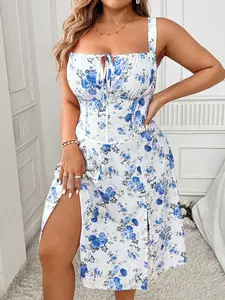 Lyrianda Plus Size Cami Dress Tie Front Floral Print Flowy Fit Casual Vacation Outfit Boho Style
