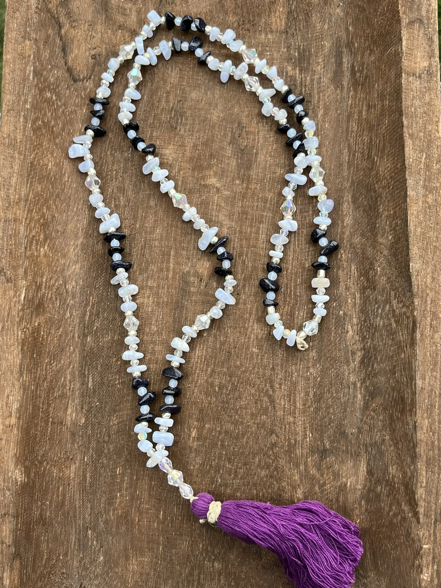 Blue Lace Agate, Blue Goldstone and Opalite Mala/Meditation Necklace with Purple Tassel