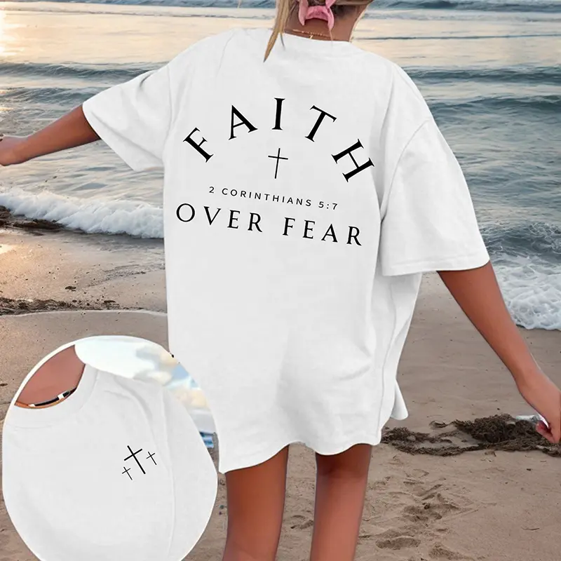 Women's Faith Over Fear Inspirational Christian Bible Verse Tshirt - Round Neck, Short Sleeve, Comfortable Sporty Chic Unisex Regular Fit Summer Clothes, Heat Transfer Print, Cold Wash Safe, No Bleach, Check Size Chart