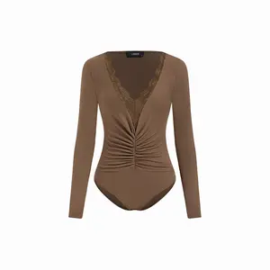 Cider V-neck Lace Trim Ruched Bodysuit