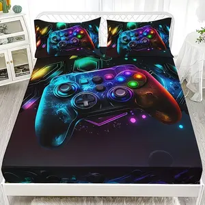 Vibrant Gaming Bedding Set, Includes 1 Fitted Sheet & 2 Pillowcases (no Pillows), Polyester Material, Digital Print, All-Season Use