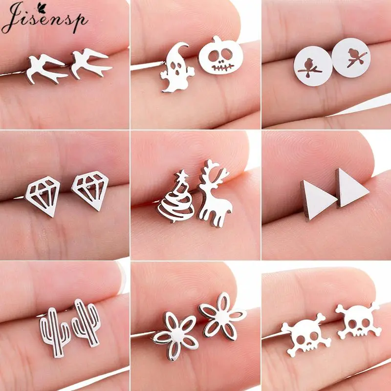 Jisensp Stainless Steel Christmas Earings for Women Girls Cartoon Birds Deer Flower Stud Earrings Accessories Birthday Gift 2025