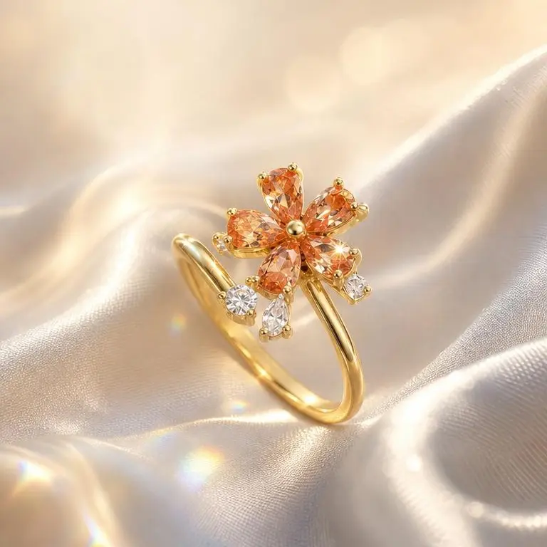 Women's Floral Spin Anxiety Relief Ring - New Champagne Orange Blossom Stress Reliever, Gold One Size Fits All Adjustable Sparkling Female Costume Jewelry Gift
