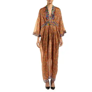 MORPHEW COLLECTION Orange & Blue Multicolored Silk Conversational Print Kaftan Made From Vintage Sari