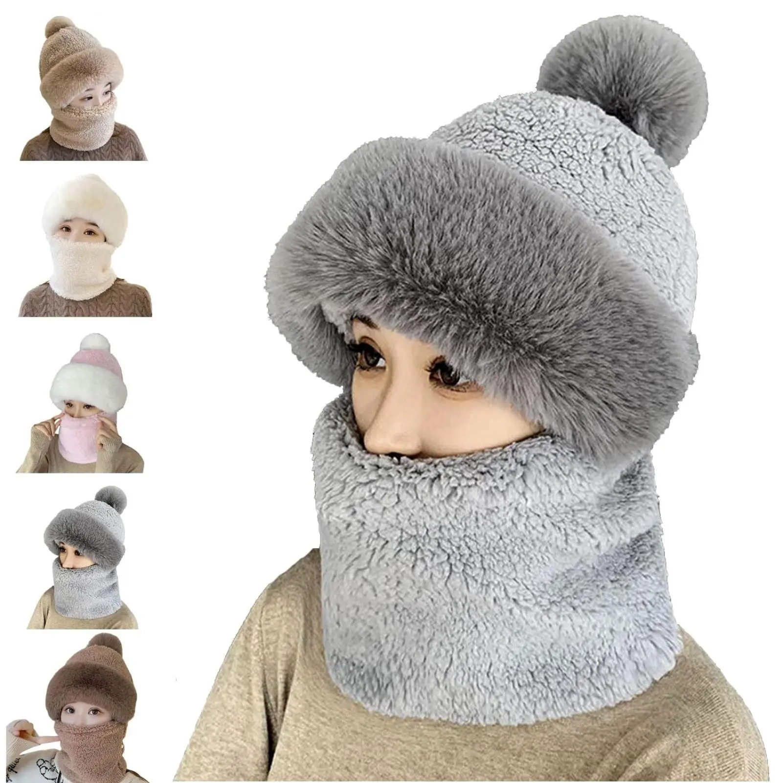 Cozy Women’s Winter Beanie and Scarf Set - Fleece Lined Balaclava Mask, Plush Neck Warmer, Circle Scarf, Ski Snow Hat with Pompom for Ultimate Warmth