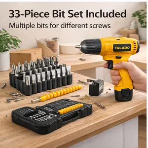 TALADO 12V Cordless Drill Kit – 33pcs Bit Set, LED Light, Rechargeable Lithium Battery, Compact Power Tool for Home DIY & Furniture Assembly
