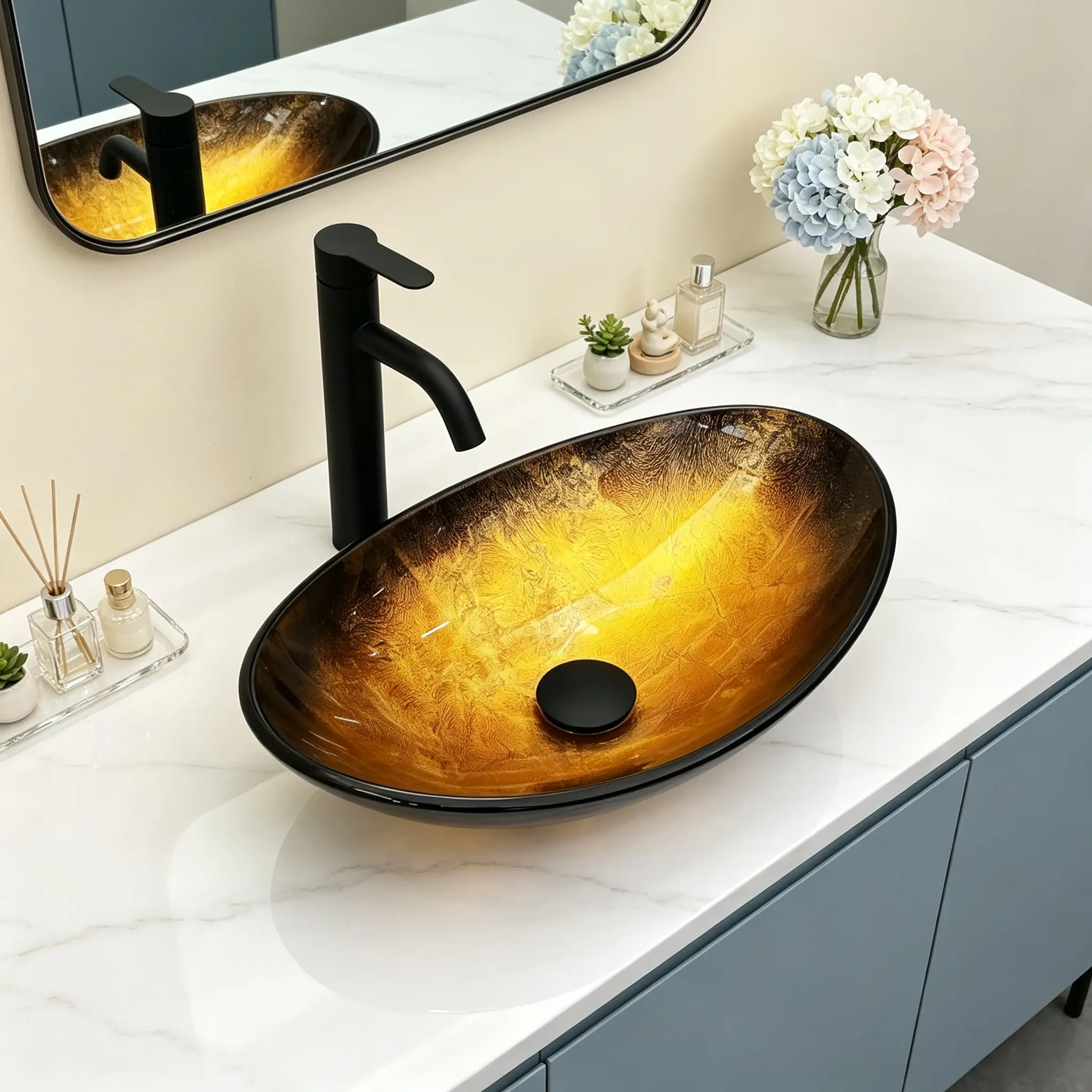 Logmey 18" Modern Glass Bathroom Vessel Sink, Oval Glass Art Basin with Yellow Gradient, Vanity Countertop Bowl with Black Pop-Up Drain Set for Home Improvement,bathroom makeover