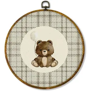 Vintage Bear Round Wall Art Decor, Neutral Balloon Bear Framed Canvas Prints, Retro Beige Plaid Forest Animal Round Wall Hanging Decor for Nursery Kids Room Bedroom Decorations, 10x10 Inches