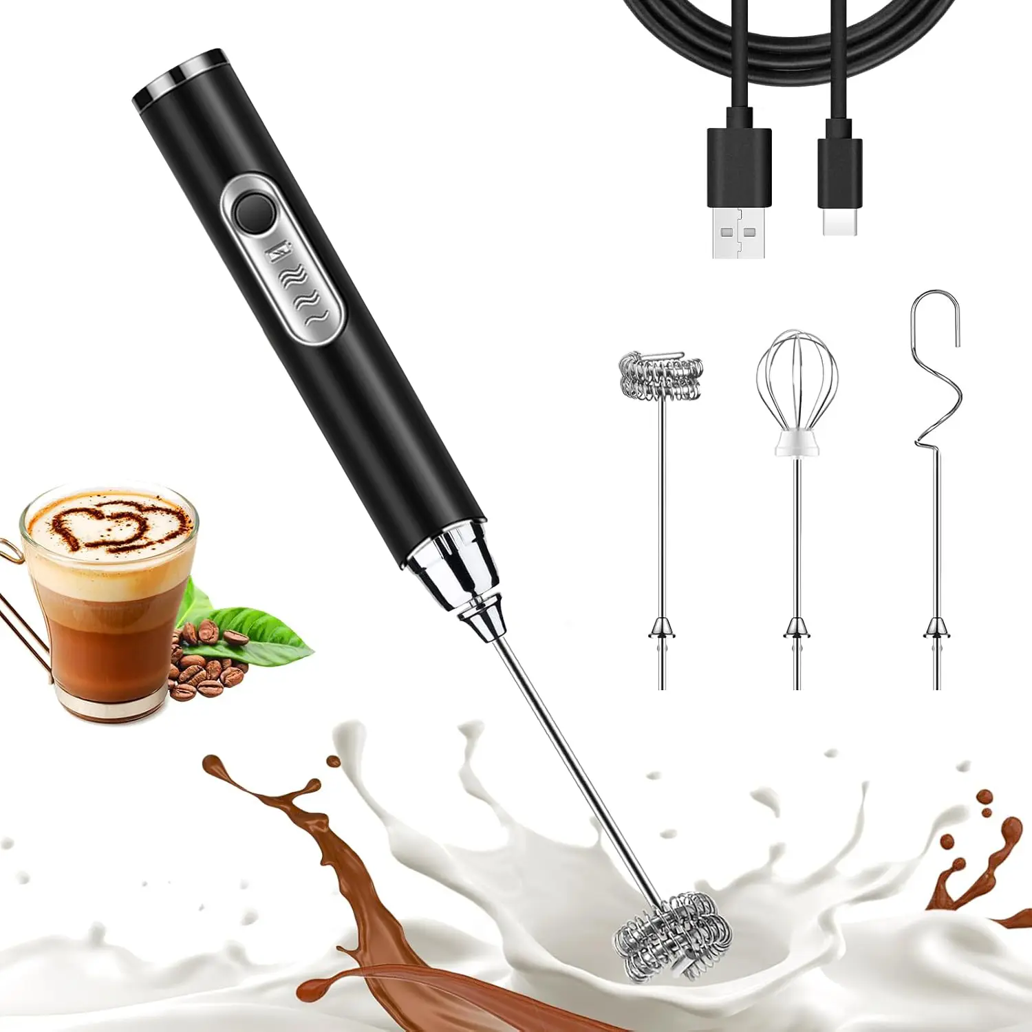 Handheld Milk Frother Wand for Coffee, Rechargeable Electric Whisk Drink Mixer Wand Coffee Frother Handheld With 3 Heads 3 Speeds For Latte, Cappuccino, Hot Chocolate, Egg