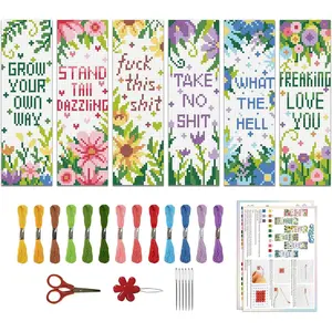 Kit de 6 Piezas de Marcapáginas de Punto de Cruz para Principiantes Flores Refranes DIY Kit de Marcapáginas de Bordado Estampado para Principiantes Kits de Punto de Cruz Impresos