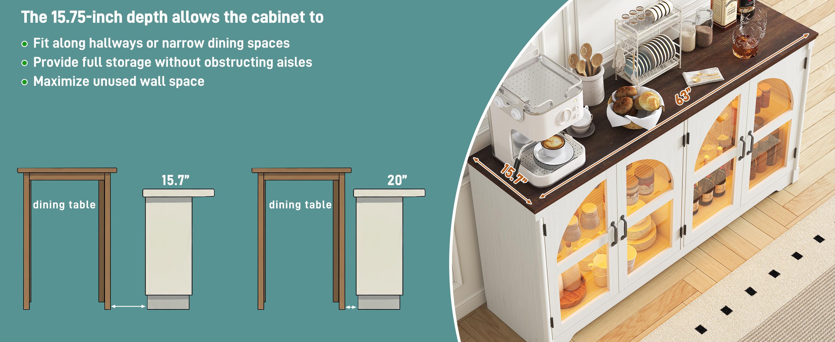 63" Modern Arched Sideboard Buffet Cabinet with LED Lights & Glass Doors, Large Storage Cabinet with Adjustable Shelves for Living Room & Kitchen